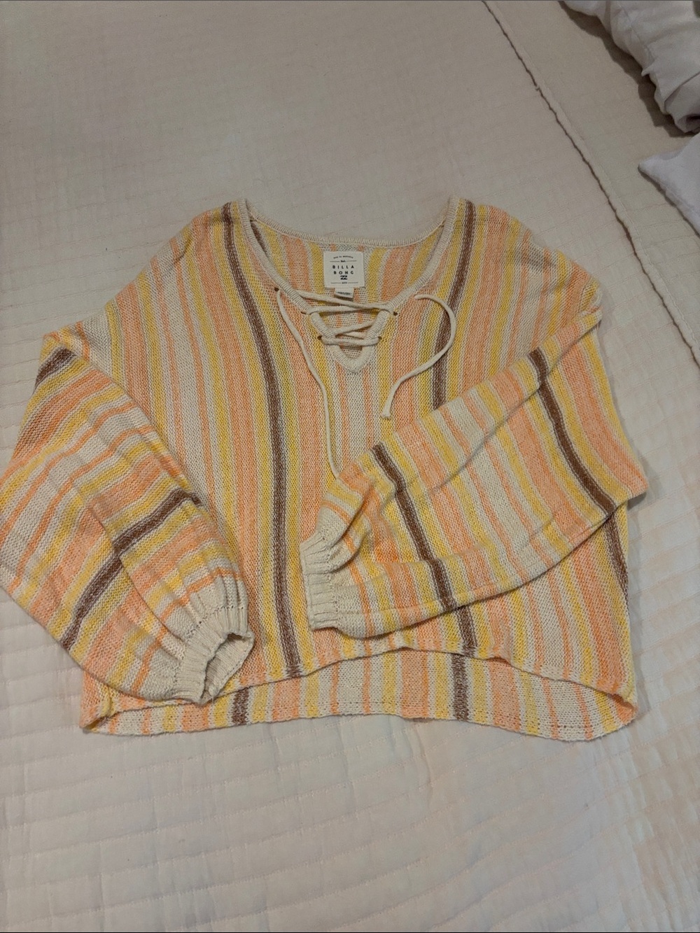 Billabong Striped Lace-Up V-Neck Sweater in Cream, Yellow & Pink
